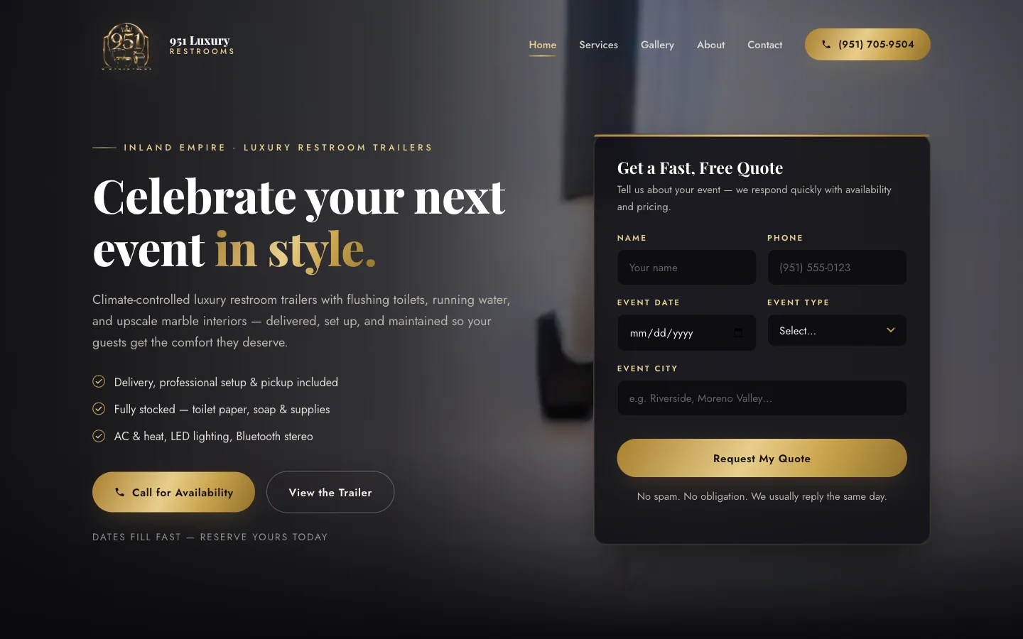 951 Luxury Restrooms homepage — luxury restroom trailer rental website