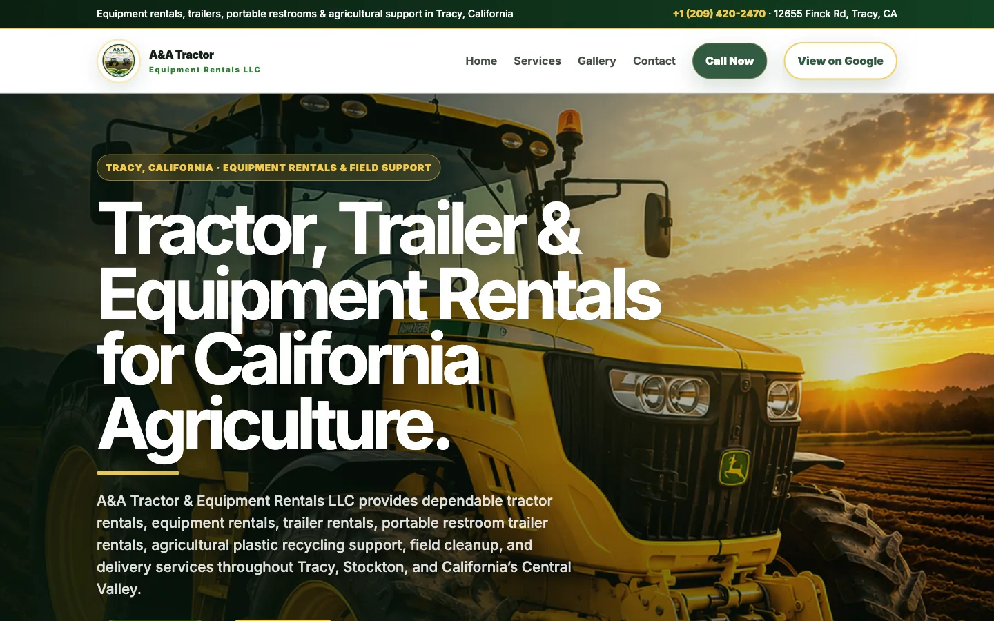 A&A Tractor & Equipment Rentals website built by Atmos, shown on desktop