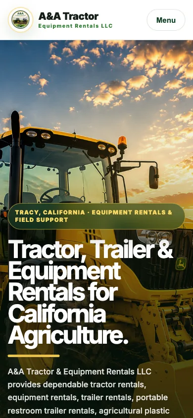 A&A Tractor & Equipment Rentals website built by Atmos, shown on a phone
