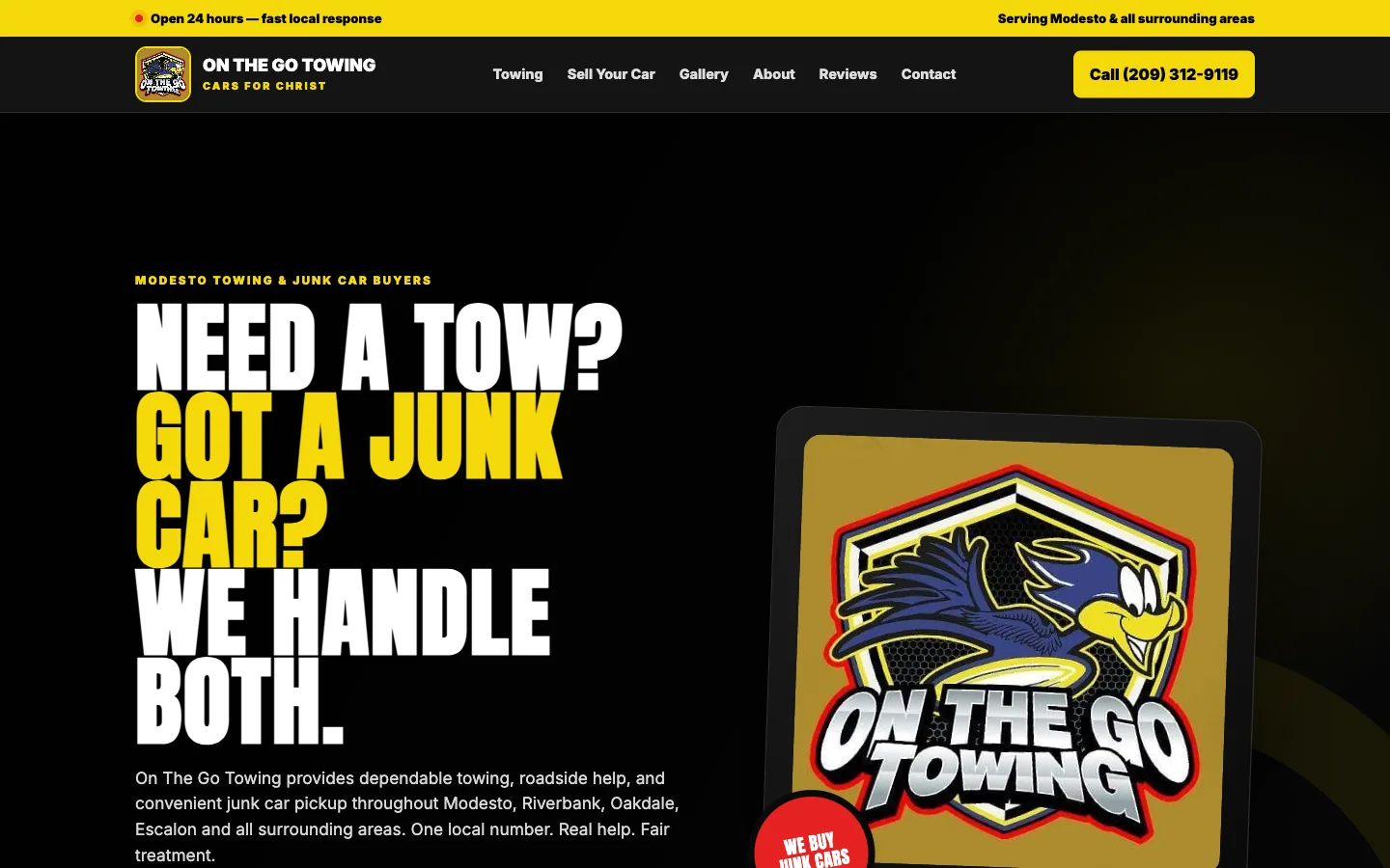 On The Go Towing homepage — towing and junk car website