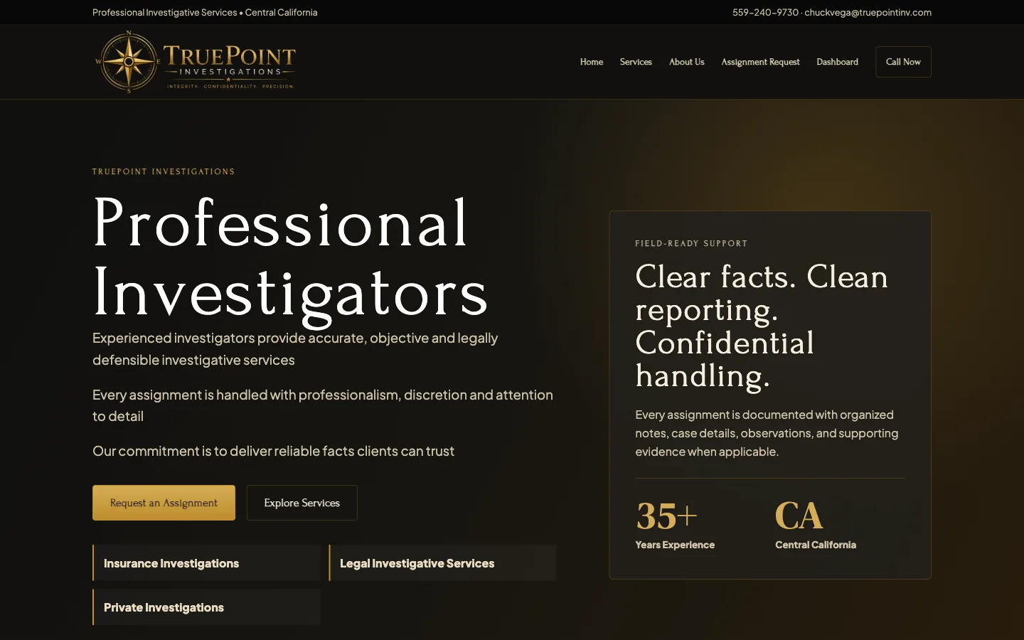 TruePoint Investigations homepage — professional investigative services website