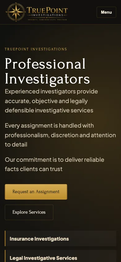 TruePoint Investigations website on mobile